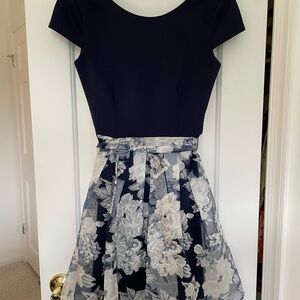 B Darlin Blue and White Pleated Fit and Flare Mini Dress